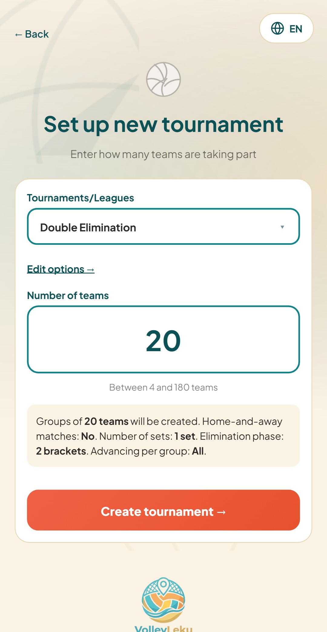 VolleyLekuren txapelketa berria konfiguratzeko pantaila, formatuarekin, aukerekin eta talde kopuruarekin
