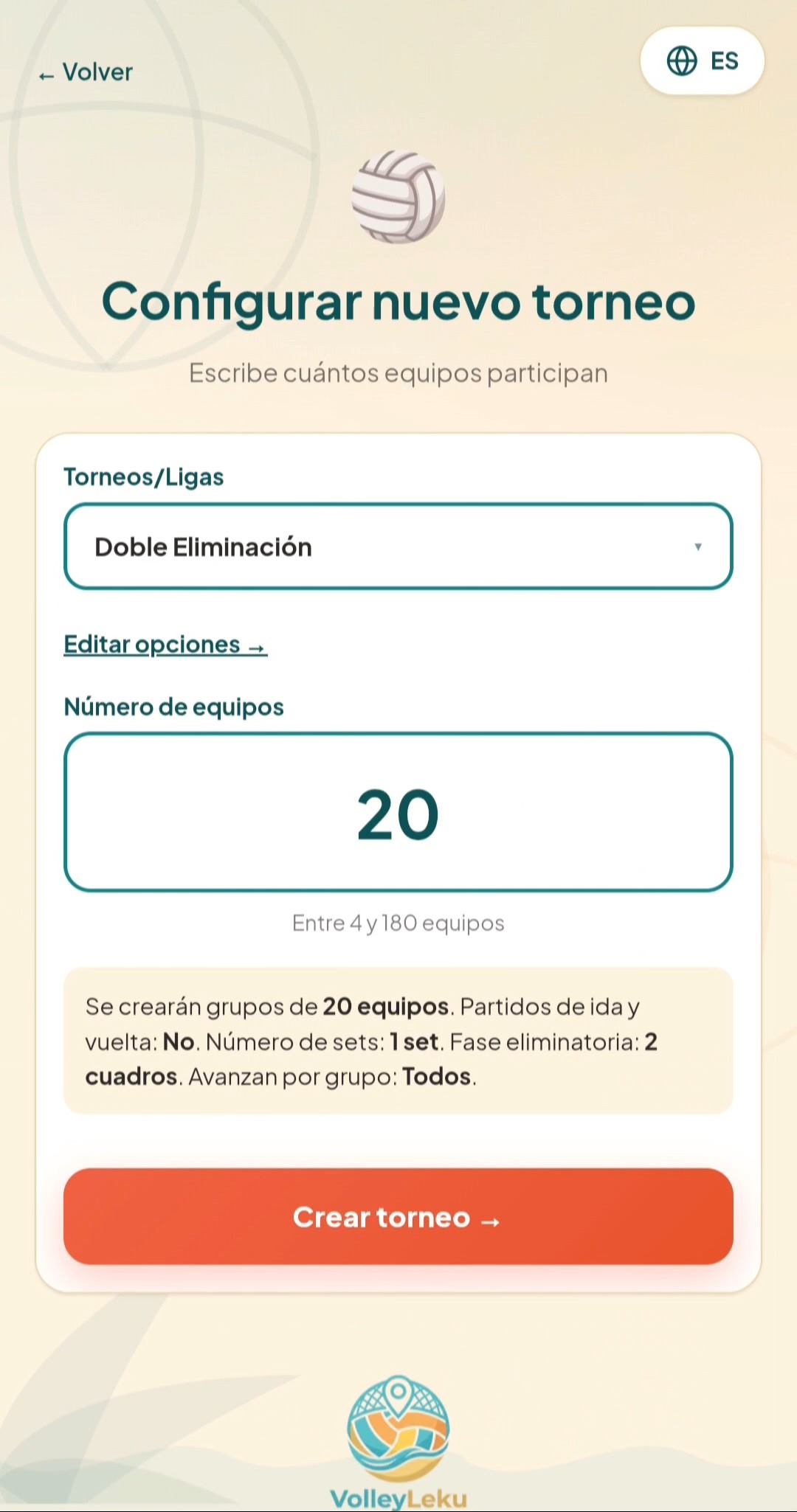 Pantalla Configurar nuevo torneo en VolleyLeku con el formato, las opciones y el número de equipos