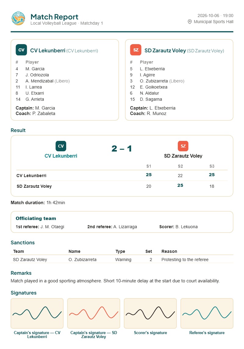 Referto di una partita di pallavolo in PDF generato con VolleyLeku