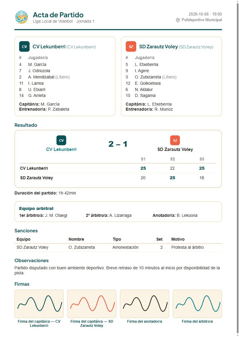 Acta de partido de una liga de vóley en PDF