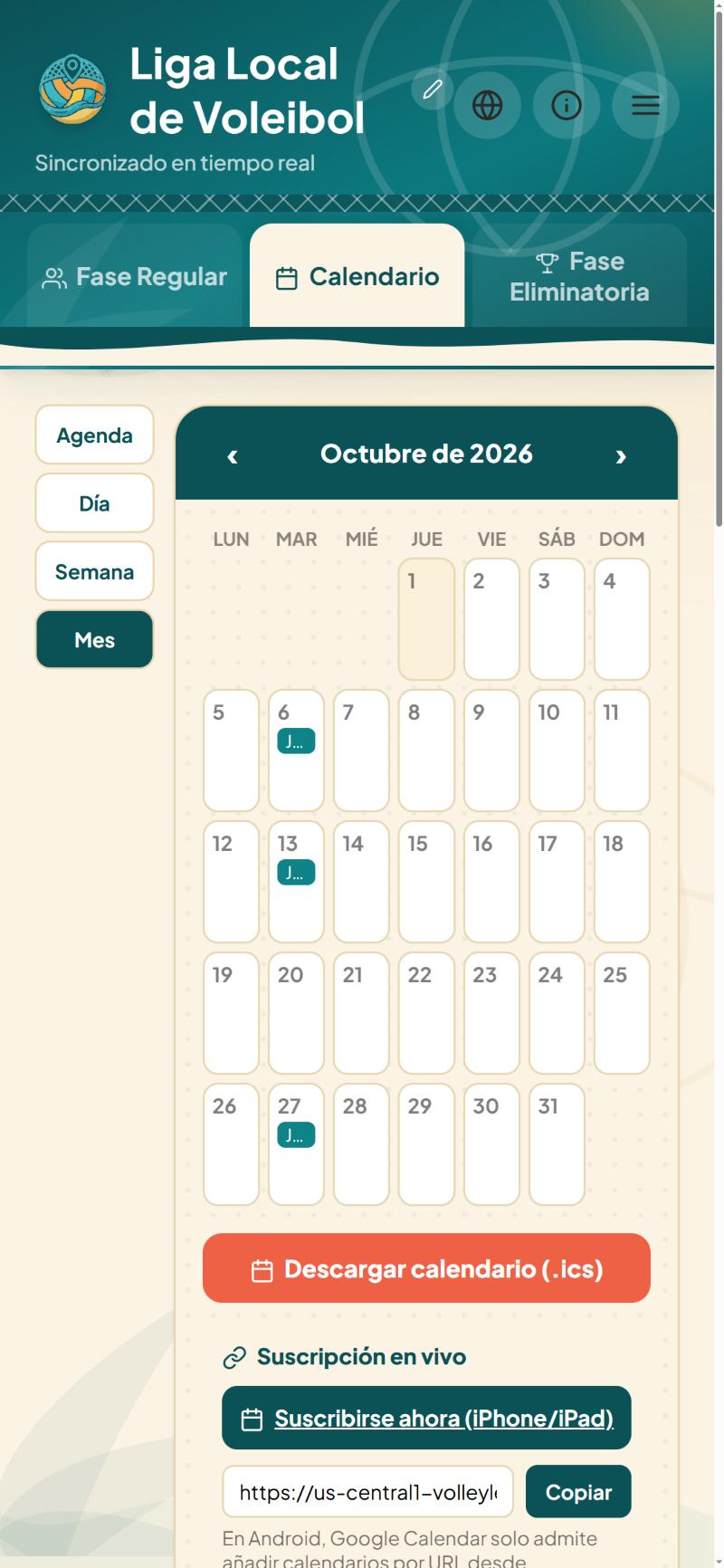 Calendario de una liga de vóley en VolleyLeku