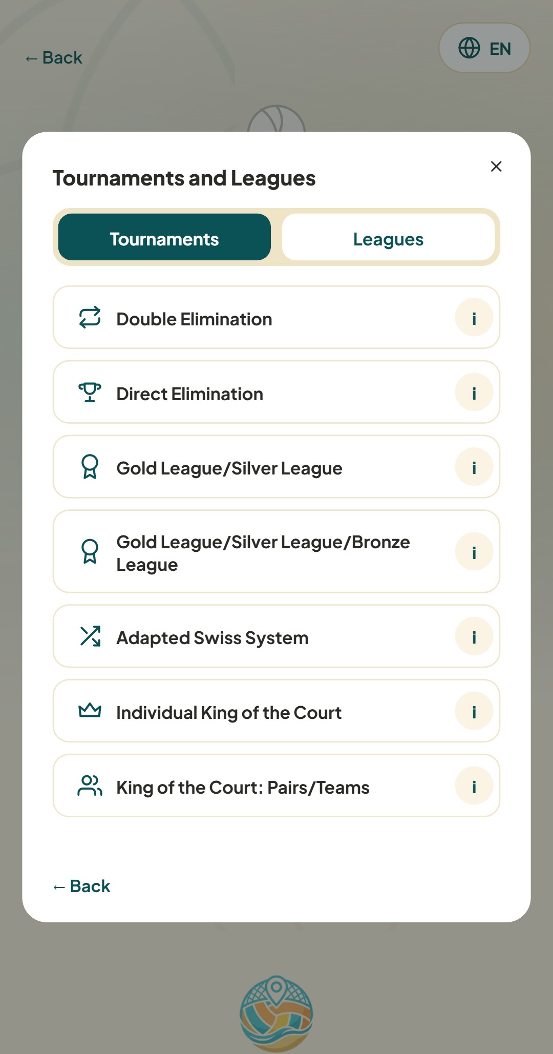 VolleyLeku-Formatauswahl mit dem Angepassten Schweizer System unter den Optionen
