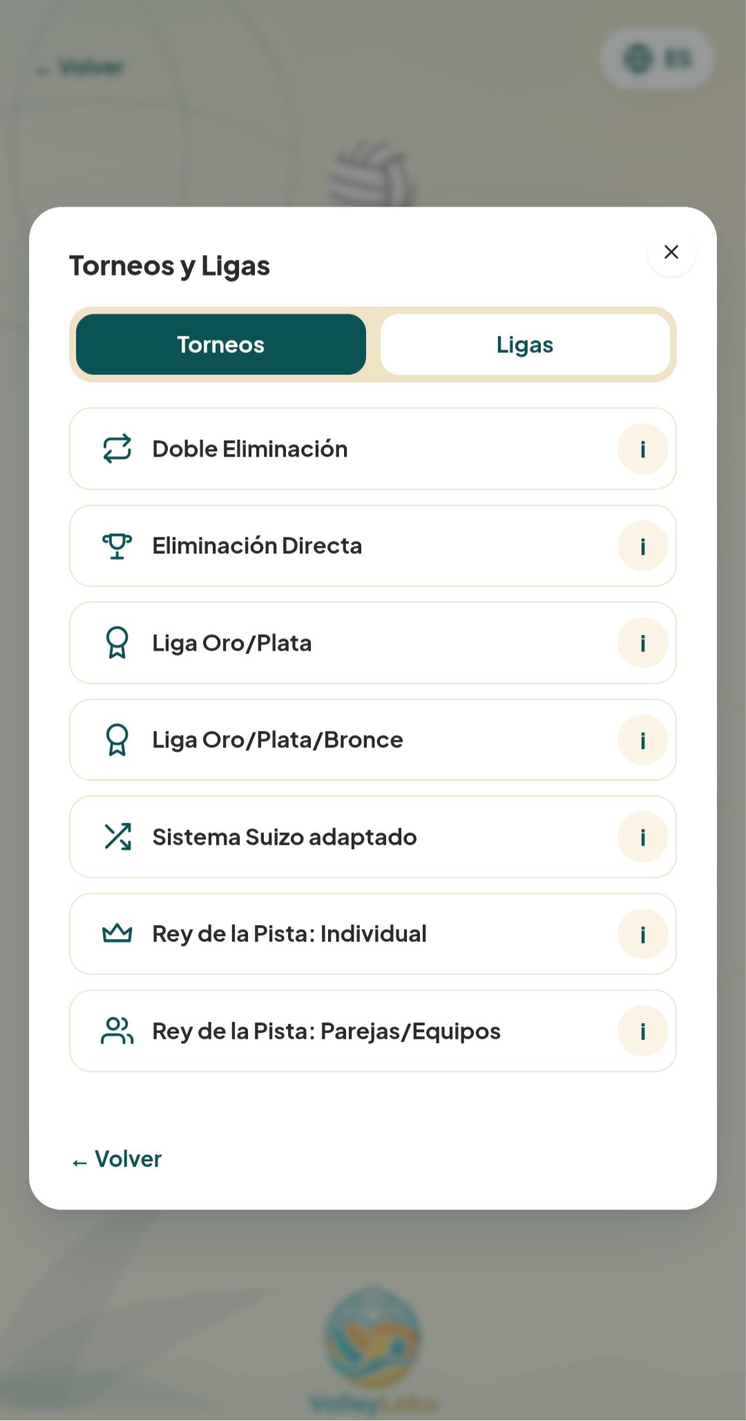 Selector de torneos y ligas de VolleyLeku: Doble Eliminación, Eliminación Directa, Liga Oro/Plata, Sistema Suizo y Rey de la Pista
